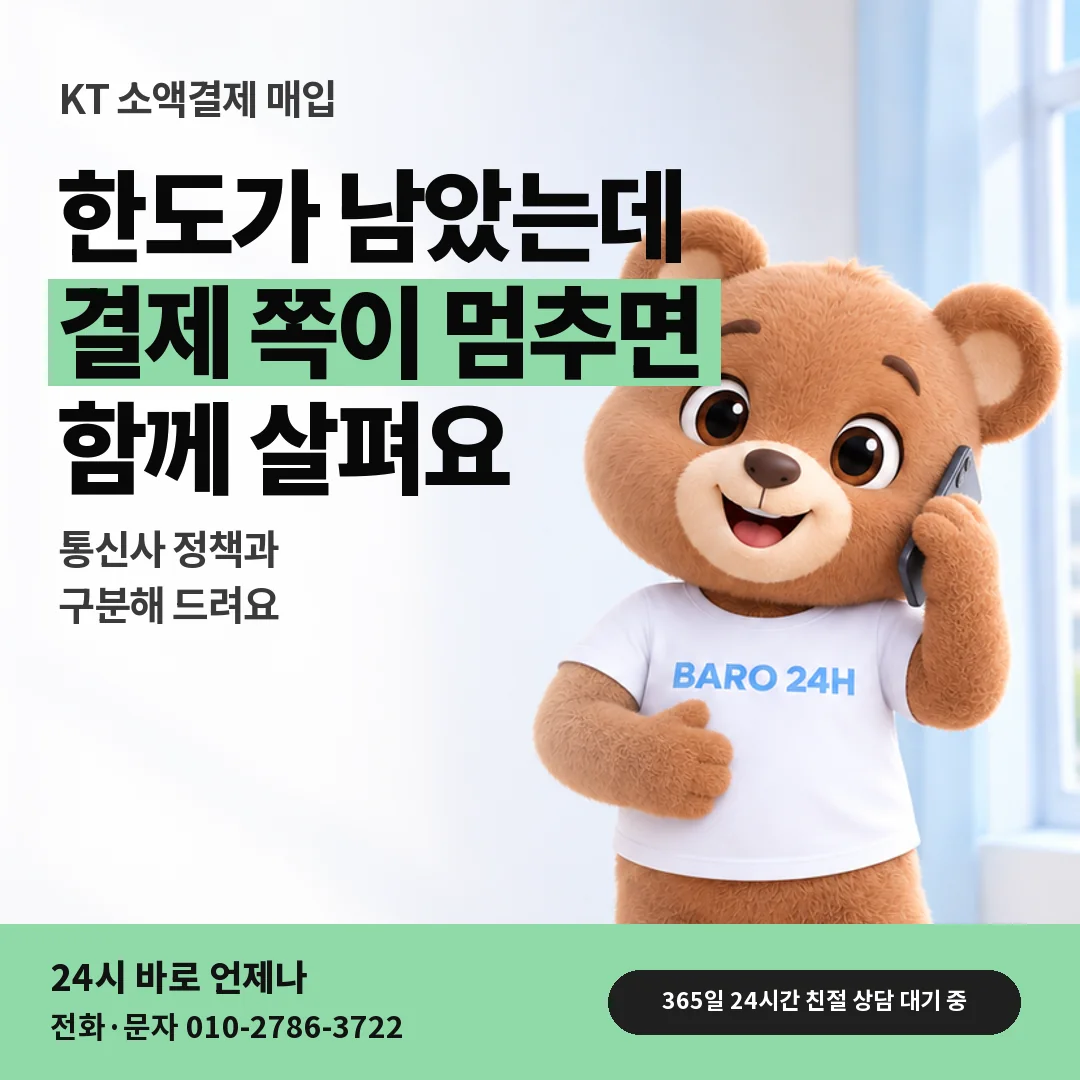 휴대폰을 보며 웃는 BARO 24H 티셔츠를 입은 3D 곰 캐릭터 옆에 「KT 결제대행사 제한」 제목을 얹은 안내 카드