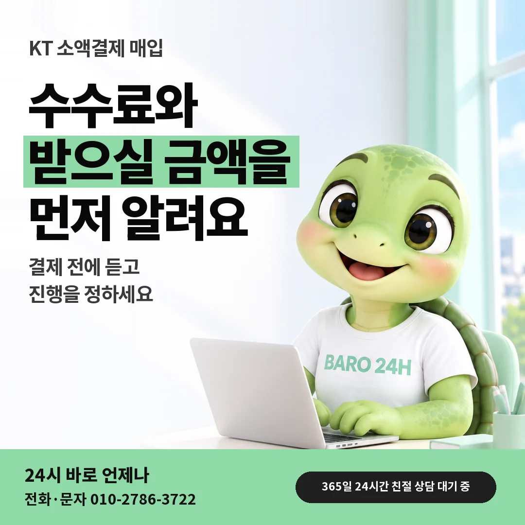 BARO 24H 티셔츠를 입은 3D 거북이 캐릭터 옆에 「KT 수수료와 받으실 금액」 제목을 얹은 안내 카드