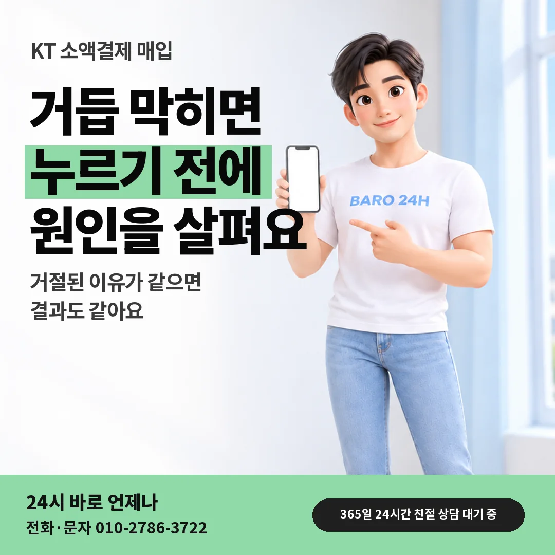 휴대폰을 보며 웃는 BARO 24H 티셔츠를 입은 3D 인물 옆에 「KT 거듭 눌러도 막힐 때」 제목을 얹은 안내 카드